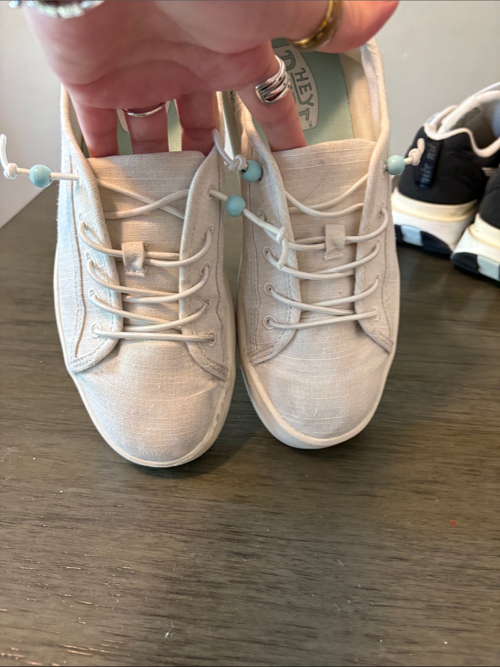 Hey Dude Women Canvas Sneakers in Off-White with Turquoise Accent - Picture 4 of 6